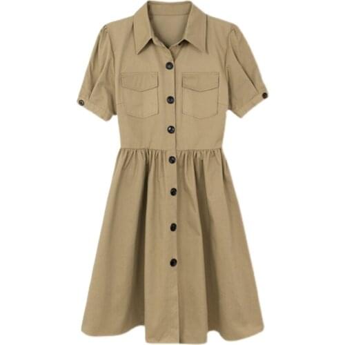 Women 2021 Chic Fashion Button-up Draped Midi Shirt Dress Vintage Short Sleeve Female Dresses Vestidos