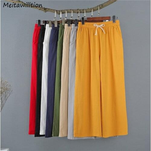 Summer Autumn Wide Leg Pants Women Cotton Linen Long Pants Casual Solid Loose Straight Pants 2021 Harajuku High Waist Trousers