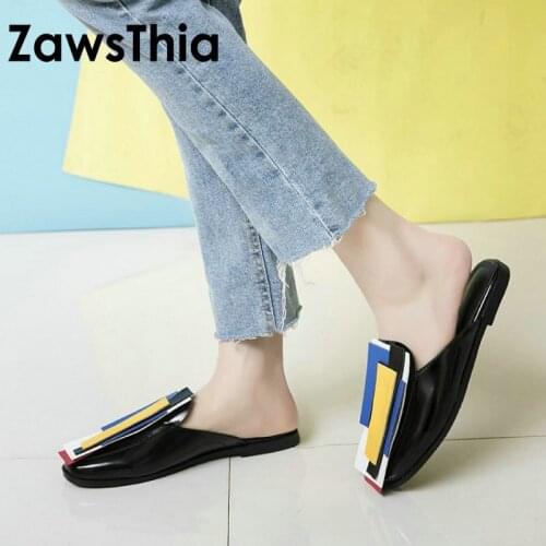 ZawsThia 2020 summer shoes for woman casual female slides contrast color geometric pattern women flats shoes slippers lady mules