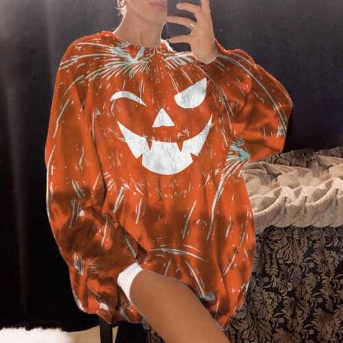 Women Long Sleeve O-neck Tops Pumpkin Halloween Printed Loose Sweatshirt Blouse Fashion Clothes Top Moletom Bts Oversized Hoodie