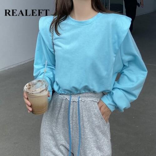 REALEFT 2021 New Autumn Casual Womens Sweatshirts Long Sleeve O-Neck Loose Pullovers Ladies Female Ruffles Short Style Tops