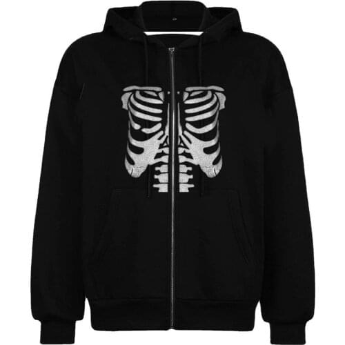 2021 Gothic hip-hop street trend zipper oversized loose hoodie Y2K Halloween skull print pullover double hooded top women