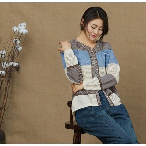 2020 Autumn Sweater Women Long Sleeve Cardigan Mujer With Buttons Patchwork Knitted Striped Casual o-Neck Hollow Loose Outerwear