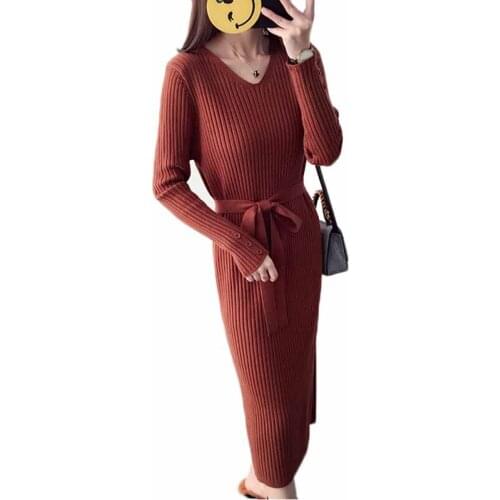 High Quality Elasticity Knitted Dress Women New Autumn Winter Clothing V-neck Long-sleeved Sexy Pullover Sweater Dress Female365
