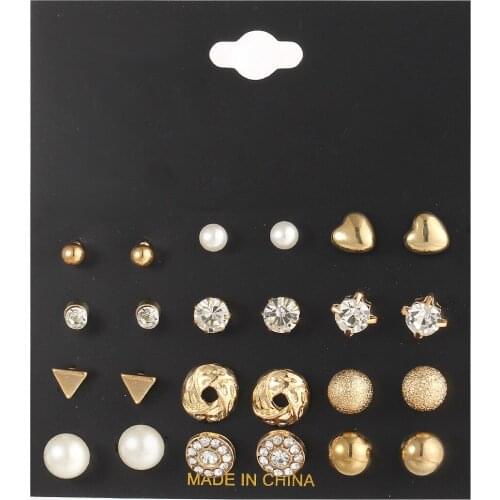 12 Pairs Fashion Exquisite Crystal Zircon Heart Geometric Earrings Women Party Pearl Elegant Stud Earrings Set Ear Jewelry