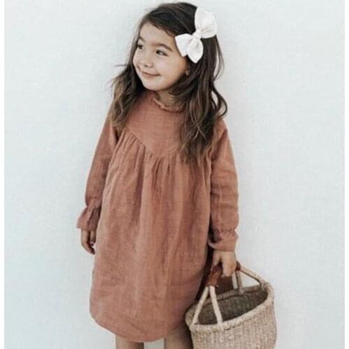 2020 Spring Toddler Baby Girl Long Sleeve Clothes Baby Girls Casual Dress Floral Collar Linen Cotton Dresses Children Clothing