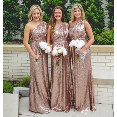 Sparkle Cheap Bridesmaid Dresses Under 50 A-line One-shoulder Sequins Long Wedding Party Dresses