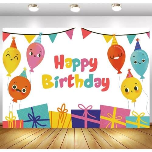 Cute Smile Stare Balloon Colorful Flags Decoration Cake Table Decor Photo Background Gift Box Newborn Baby 1st Birthday Backdrop