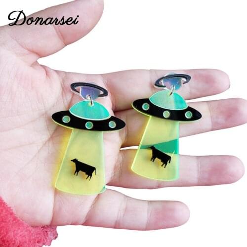 Donarsei Personality Universe Alien UFO Earrings For Women Novelty Acrylic Spaceship Drop Earrings Funny Jewelry