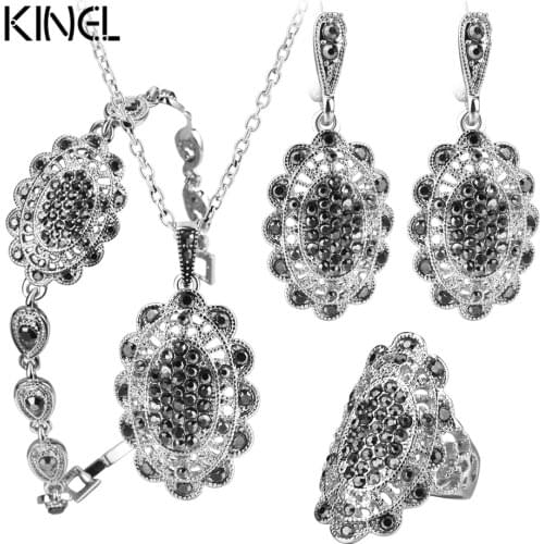 Kinel 4Pcs/Lot Gray Crystal Fashion Jewelry Sets For Women Silver Color Hollow Petals Vintage Wedding Jewelry Set