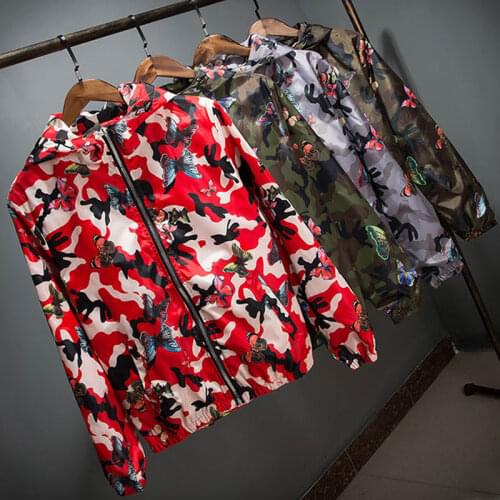 Lusumily 2021 High Quality Women Windbreaker Jacket Spring Summer Camo Thin Female Camouflage Butterfly Windbreaker Coats Hooded