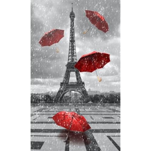 Red Umbrellas Rain and Eiffel Diamond Mosaic Table 30x50 cm