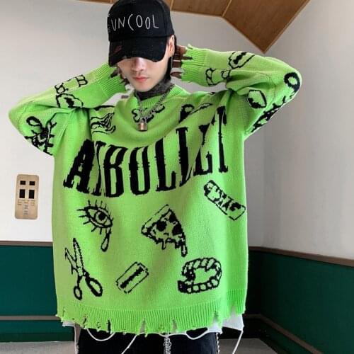Destroyed Ripped Punk Sweater Men Women Harajuku Vintage Oversized Knitted Sweater Green Black Gothic Pullover Sueter Masculino