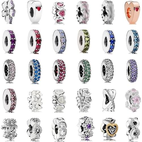 PDB 01 100% 925 Sterling Silver Zircon Spark Heart Star Charm Separator DIY Wrist Band Female Jewelry Gift Free Shipping