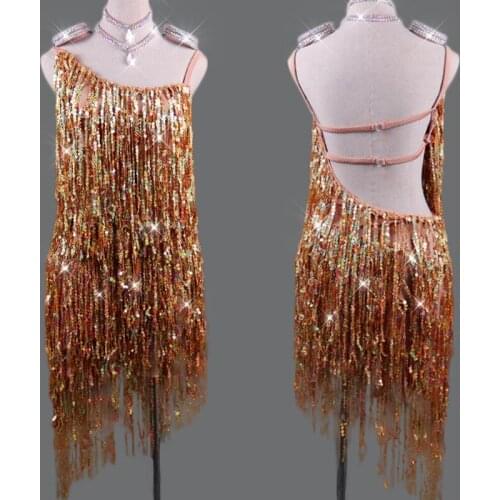 Sparkly Latin Dance Dress Women Sexy Golden Fringe Dress Evening Party Stage Costume Girls Dance Clothes Latin Dresses VDB140