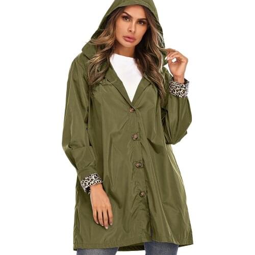 Women Wind Jacket Rain Coats Casual Lapel Button Pockets Long Sleeve Hooded Windbreaker Autumn Waterproof Outdoor Coat Plus Size