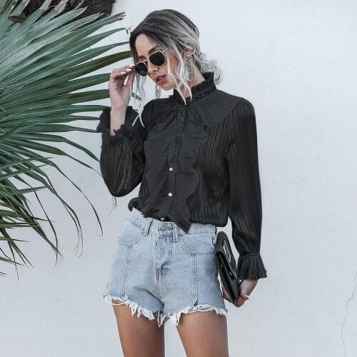 Women Elegant Ruffles Chiffon Blouse Vingant Pleated bow-knot Stand Neck Flare Sleeve Tops Female Solid Casual Lace Up Blusas
