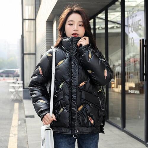 Womens Puffer Coats Sequins Long Sleeve Stand Collar Solid Loose Ladies Winter Jackets Zipper Pockets Down Coat for Female