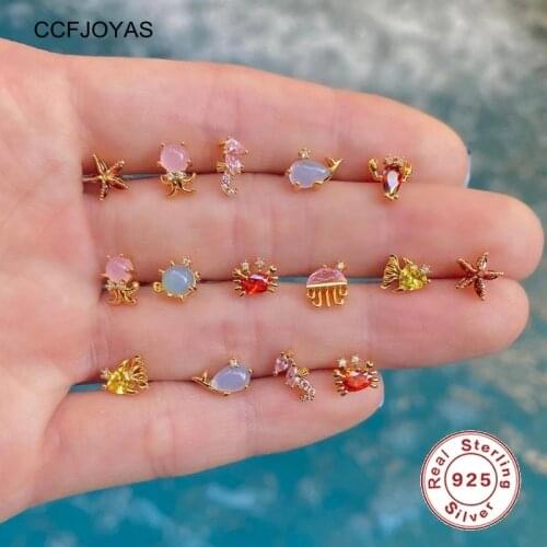 CCFJOYAS 925 Sterling Silver 18k Real Gold-plated Zircon Cute Earrings for Women INS Seabed Small Animal Stud Earrings Jewelry