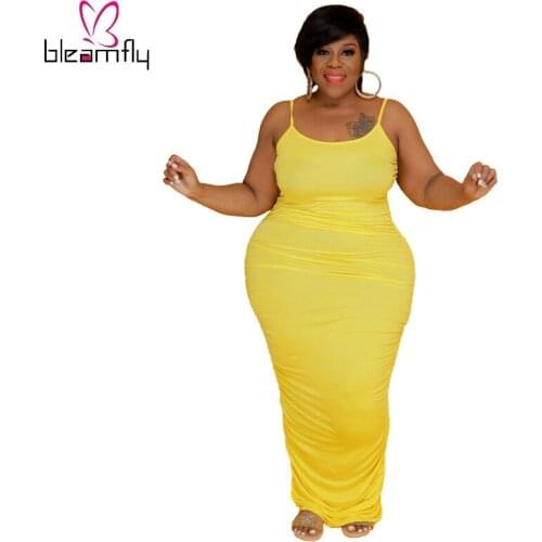 Women Summer Pleated Sexy Night Club Party Dress Bodycon Spaghetti Strap Pleated Long Maxi Dresses Plus Size 4XL 5XL Yellow