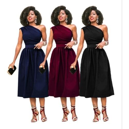 Slant Shoulder office dress jurken summer dress autumn Slim Classic Solid Color dresses woman party night vintage pockets