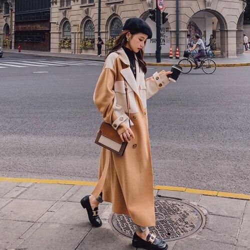 2020 Autumn Winter Female Jacket Splicing Over Knee Slim Fashion Temperament Casual Thickened Warm Mid-Length Woolen Coat B04