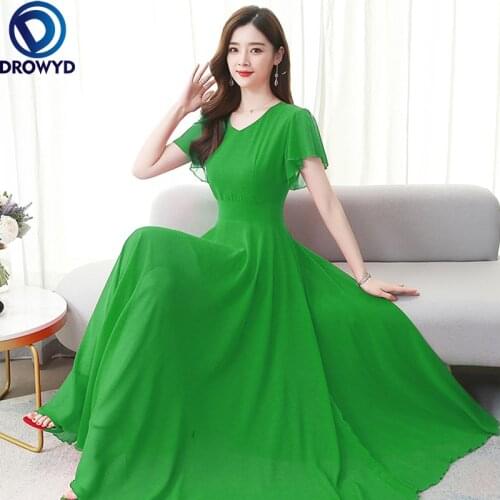 2021 Vintage Solid Short Sleeve Beach Maxi Dresses Spring Summer V-neck Chiffon Midi Dress Women White Bodycon Party Vestidos