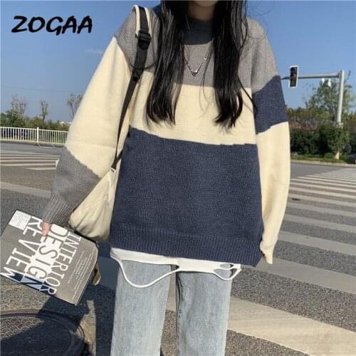ZOGAA Sweaters Women Pullover Patchwork Knitted O-neck Loose Casual Lazy Vintage All-match Korean Oversize Simple Harajuku Retro