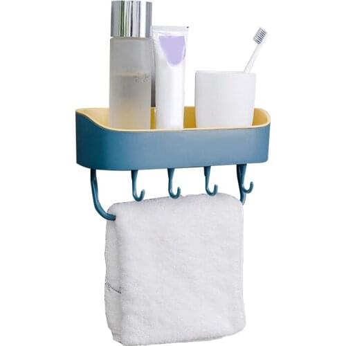 1PC Multifunctional Shelf Wall-mounted Rack With Hooks Punch-free Storage Racks Bathroom Kitchen Shelf Four Color optional 2021