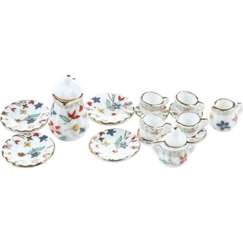 15 Piece Miniature Dollhouse dinnerware porcelain tea set tableware Cup plate Colorful floral print