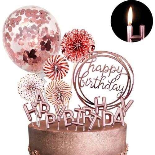 19pcs High Quality Rose Gold Cake Toppers Girl Birthday Party DIY Cupcake Topper Happy Birthday Party Decor Kids Adults Cake Dec