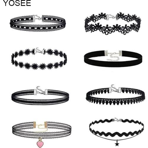 8PCS/Set New Gothic WOMEN Leather Choker Set for fashion Women Hollow Out Black Lace Necklace Jewelry Collier Chain