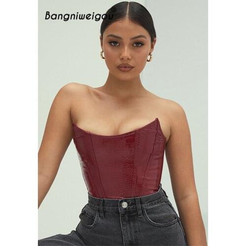 Bangniweigou vintage burgundy faux leather corset tube top women strapless tight cami tops party club bandeau tops