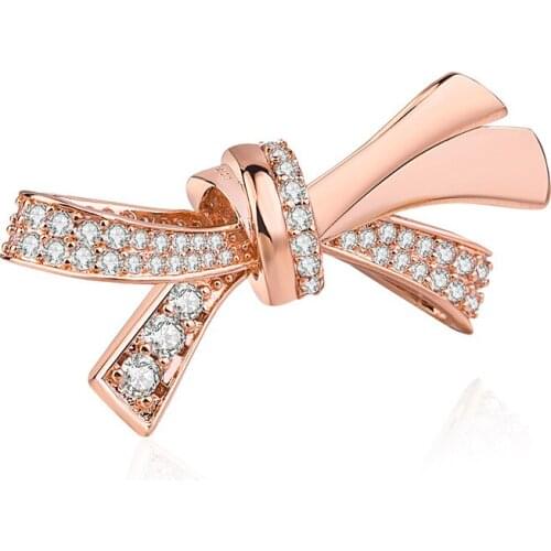 Genuine 925 Sterling Silver Rose Gold Sparkling Oversized Brilliant Bow With Crystal Beads Fit Pan Bracelet & Necklace Jewe