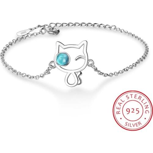 Blue Crystal Cat Lovely Adjustable Bracelets & Bangles Ins Style 925 Sterling Silver Bracelet Mujer Jewelery Party Gifts