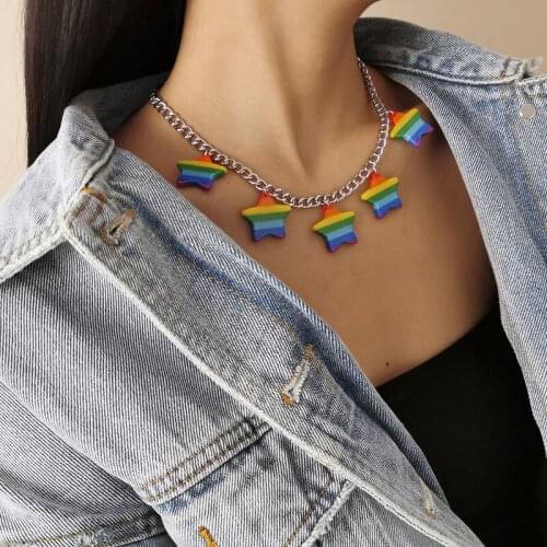 TIMEONLY Rainbow Striped Star Pendant Necklace for Women Temperament Silver Color Chunky Link Chain Chokers Necklaces Jewelry