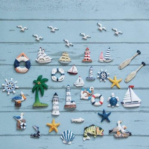 Mediterranean Style Resin Decorative Refrigerator Marine Life Buoy Lighthouse Watchtower Boat, Fridge Magnet Home Decor