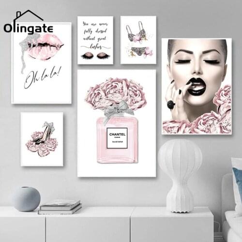 Girl Lips Pink Flower Perfume Poster Sliver Makeup Fashion Underwear Heels Canvas Painting One Picture Wall Picture Home Decor