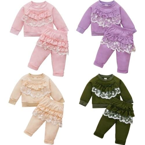 Breathable Girls Leisure Wear Toddlers Sweet Style Lace Trim Splicing Round Collar Long Sleeve Tops + Long Pants