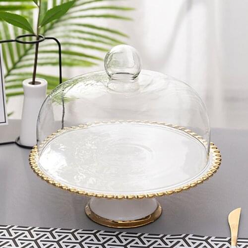 Ceramic Cake Tray Snack Fruit Dessert Plate With Dust-Proof Glass Cover Table Display Stand Tray Festive Party Kitchen Tools
