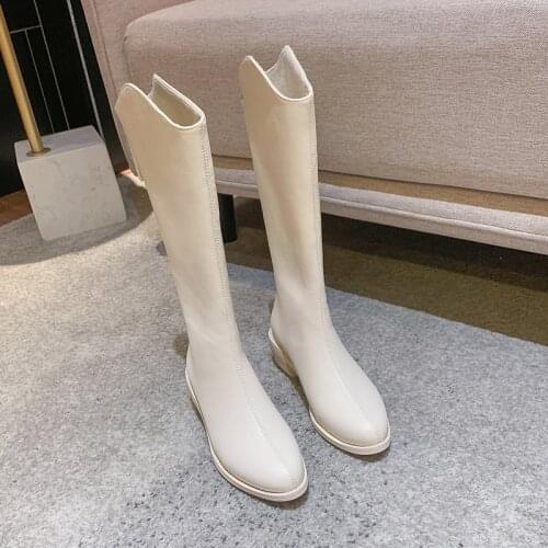 Nice Winter Vogue Women Thigh High Long Flat Boots Beige Low Heels Knee Soft Leather Square Toe Party Shoes Women Ankle Boots