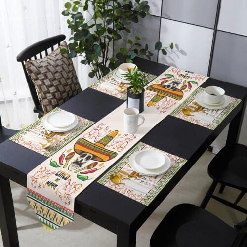Mexican Skull Hat Party Green Table Runner Placemats Set Country Wedding Table Art Decoration for Kitchen Home Dining Holiday
