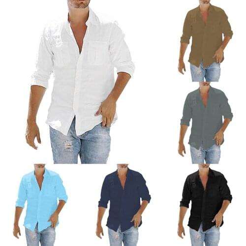 Fashion Mens Solid Colors Long-sleeved Turn-down Collar Breathable Cotton Linen Baggy Casual Shirt Blouse Camisa Masculina#g3