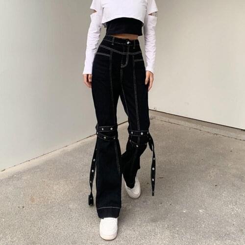 Fashion Women Solid Color Sexy Flared Jeans High Waist Slim Long Pants Women Bandage Pockets Bell-bottom Trousers for Work capri