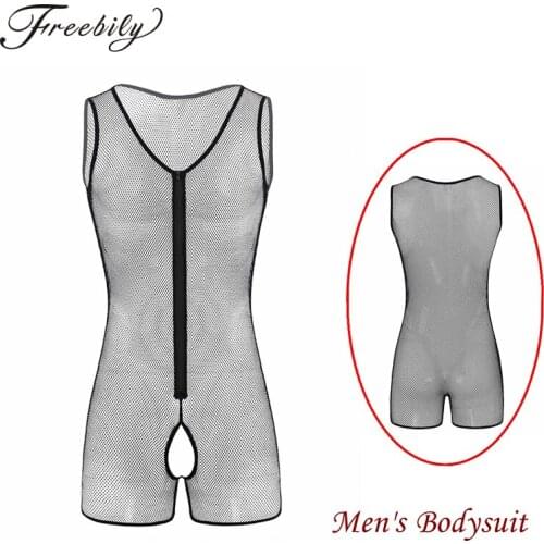 Mens Sexy Lingerie Sheer Fishnet Gay Sissy Leotard Bodystocking Bodysuit Men Crotchless Front Zipper Costume Erotic Underwear