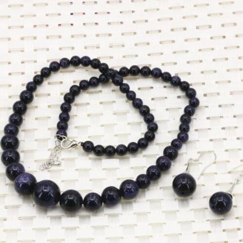 Natural Blue 6-14mm Sandstone Round Beads Tower Chain Necklace Earrings Jewelry Set for Women Charms Gifts 18inch B3242