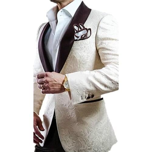 New Arrival Groomsmen Ivory Groom Tuxedos Brown Shawl Lapel Men Wedding Suits / Prom Gown Best Man Blazer (Jacket +Pants + Tie)