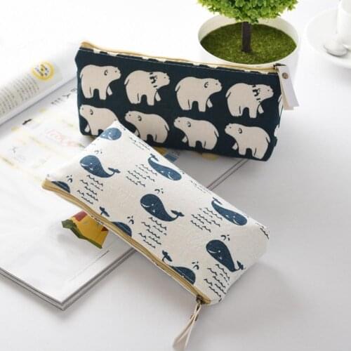 Pencil Bag Cute Cartoon Bear Whale Cotton Linen Pencil Case School Stationery Storage Pouch Portable Stationery Holder For Gift