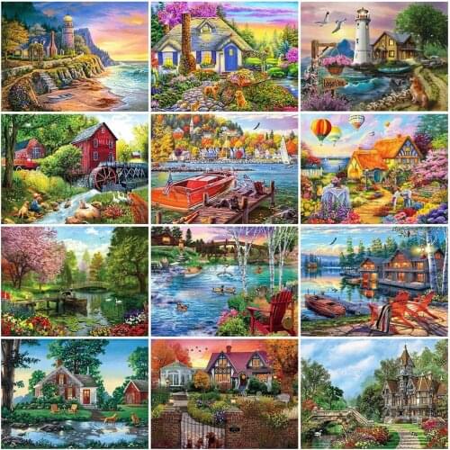 Full Square Round 5D Diy Diamond Painting House Rhinestone Diamond Embroidery Landscape Rhinestones Mosaic Handicraft Home Decor