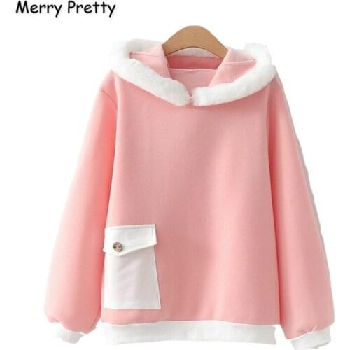 Merry Pretty Womens Rabbit Ears Patchwork Pink Hoodies Sweatshirts 2020 Winter Long Sleeve Pocket Plus Velvet Hooded Tracksuits
